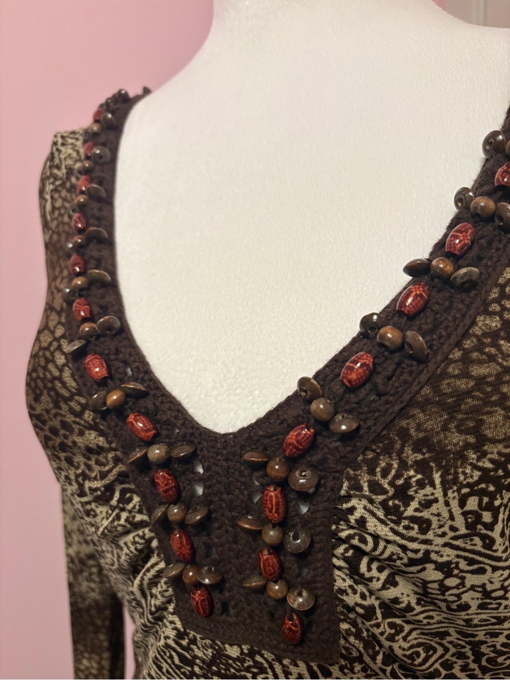 INC International Concepts Brown Paisley V-Neck Beaded Long Sleeve Tunic